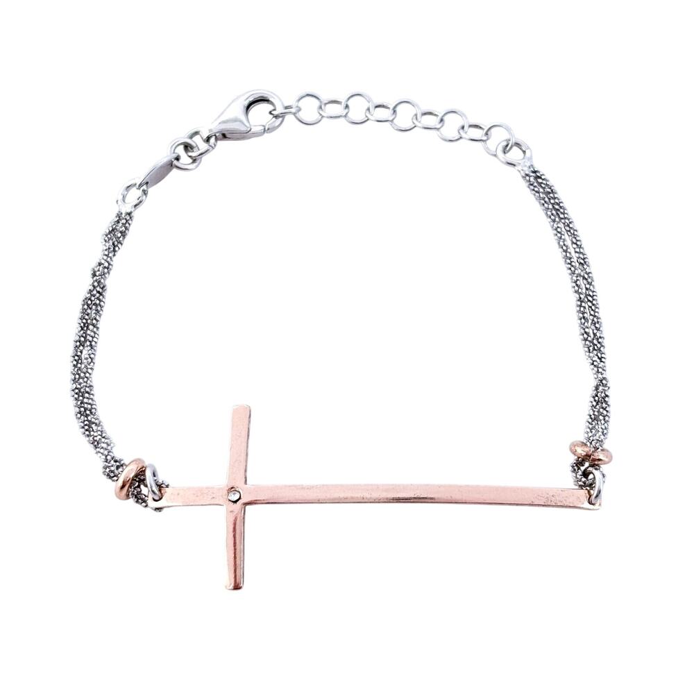 Vintage Dyadema Sterling Silver 925 Gold-Filled CZ Cross Bracelet 6.5"-7.5"